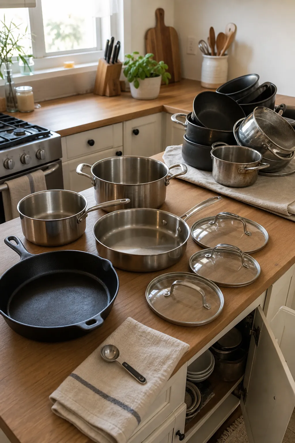 Small kitchen counter with everyday pots and pans sorted before cabinet organization