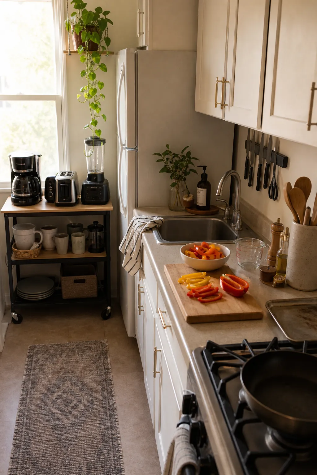Small kitchen appliances grouped on a side shelf away from the prep counter
