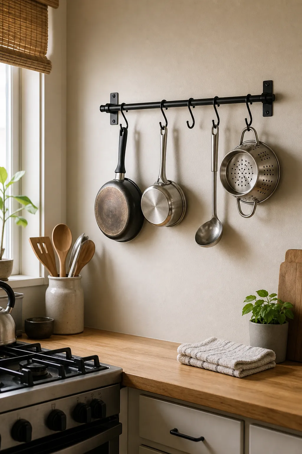 Wall mounted pot rack with hooks in a compact kitchen
