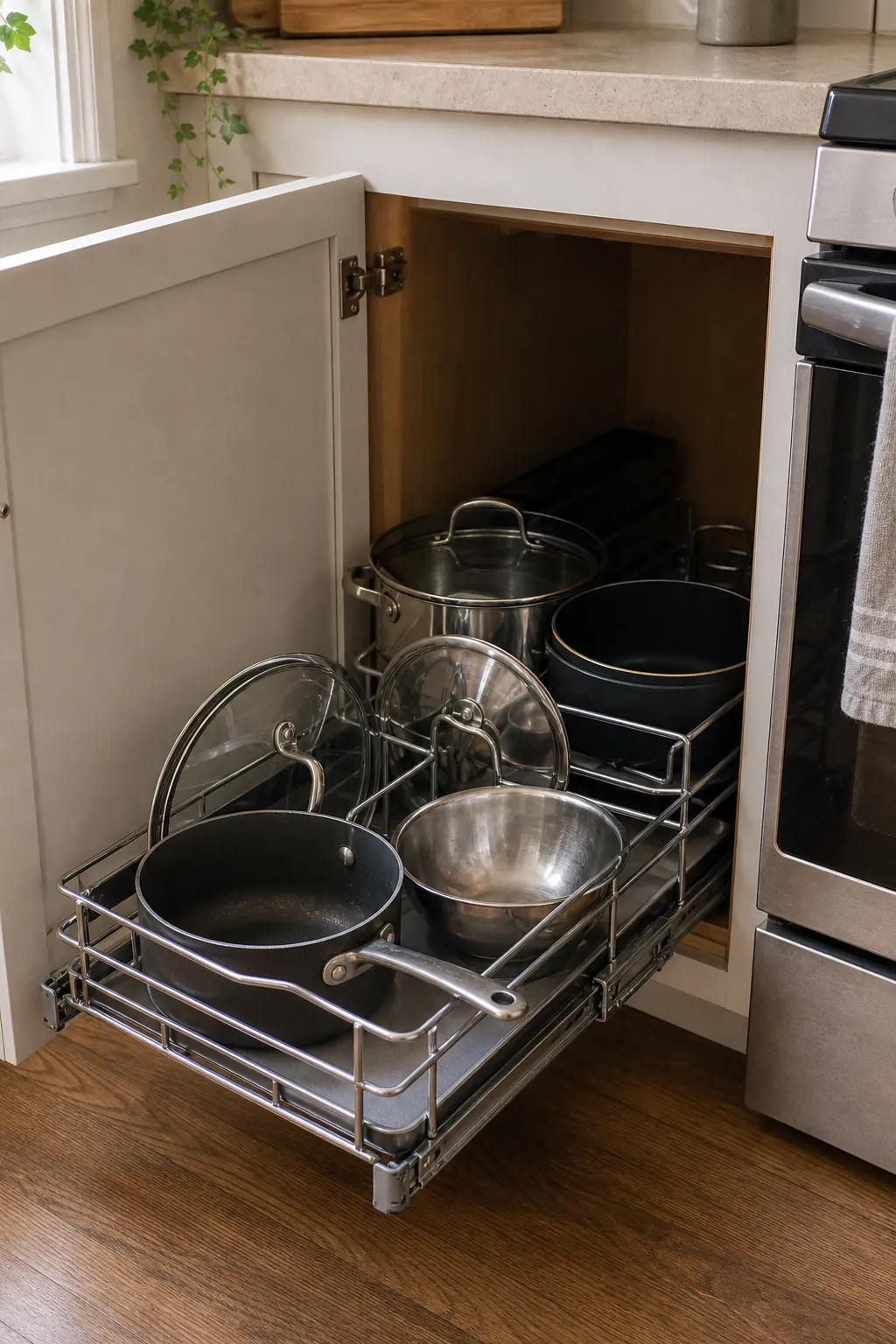 Pull out corner cabinet organizer holding pots and pans in a small kitchen