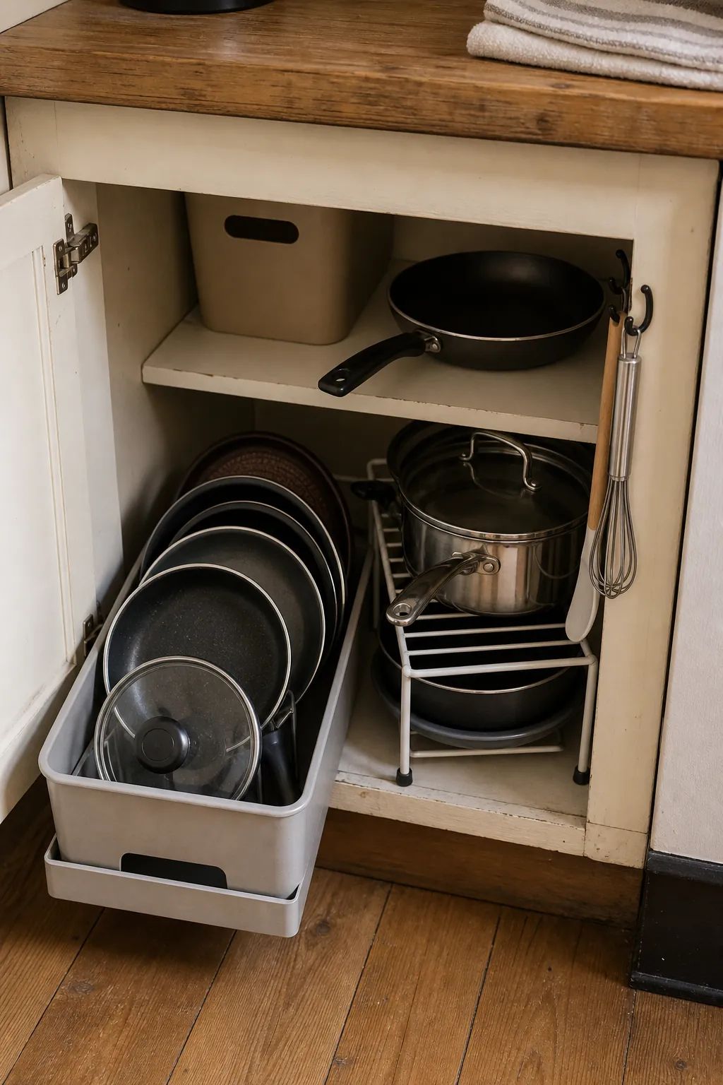 Renter friendly pots and pans storage with a pull out bin and freestanding rack