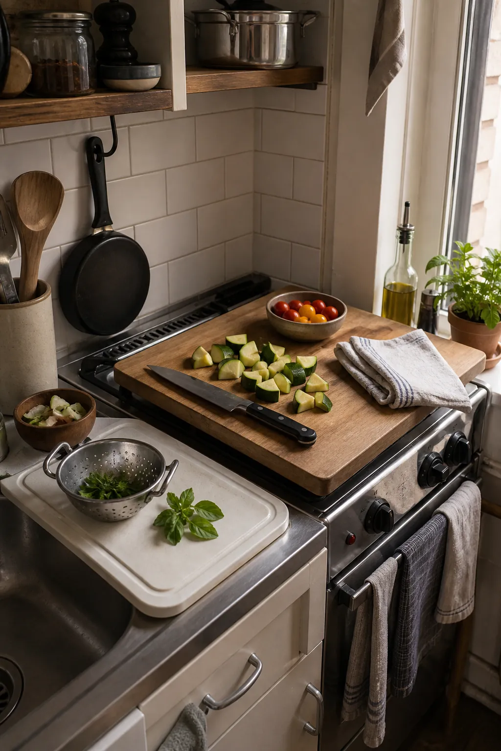 Removable stovetop board creating temporary meal prep space in a small kitchen