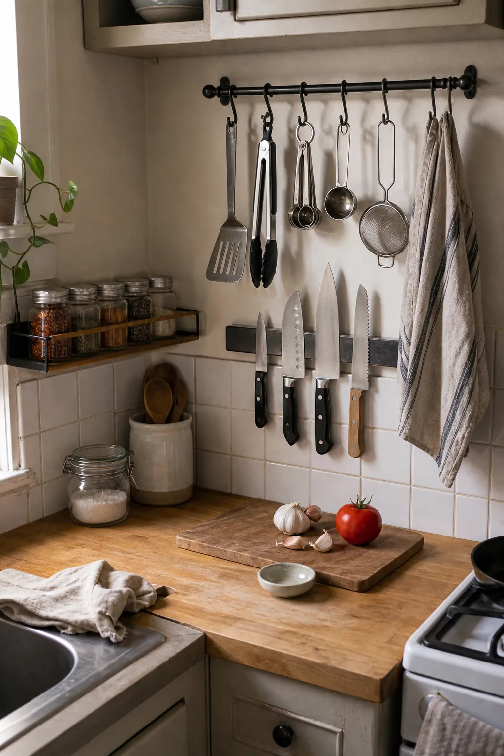Vertical utensil rail and spice shelf above a small kitchen prep counter