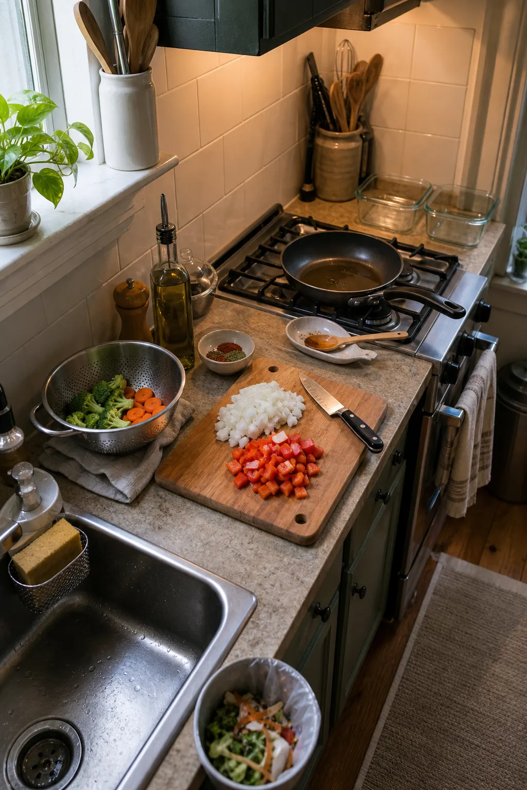 Ingredients staged from sink to cutting board to stove in a compact kitchen