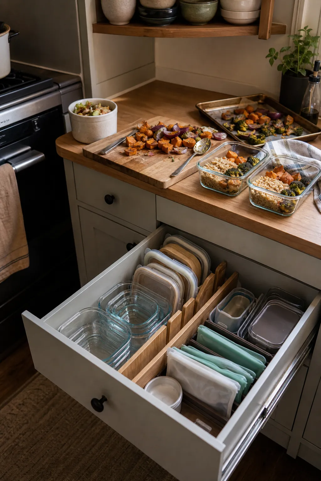 Organized meal prep container drawer in a small kitchen