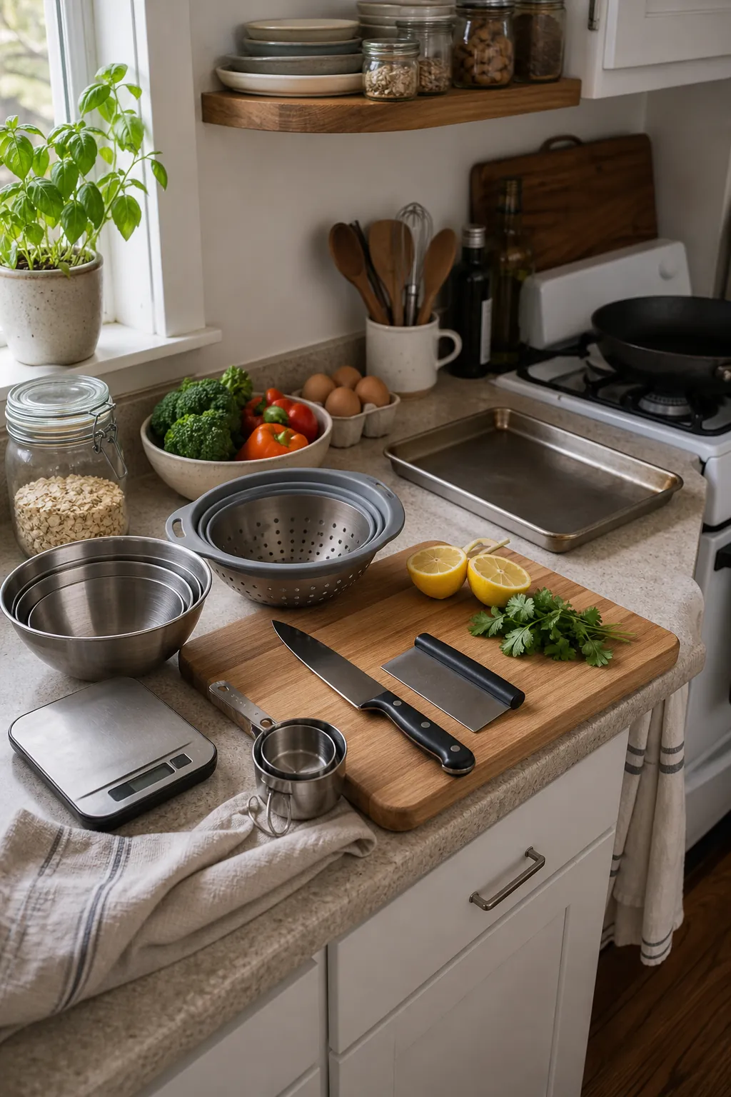 Compact meal prep tools arranged on a small kitchen counter