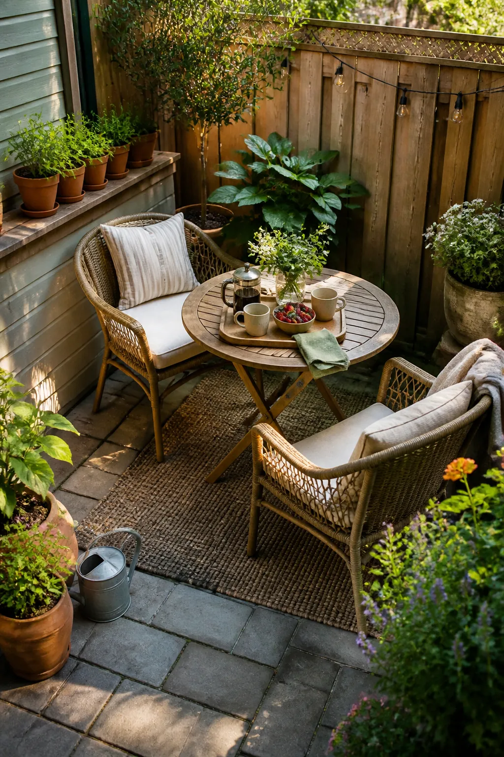 Small backyard corner arranged for outdoor dining with a round bistro table and potted greenery