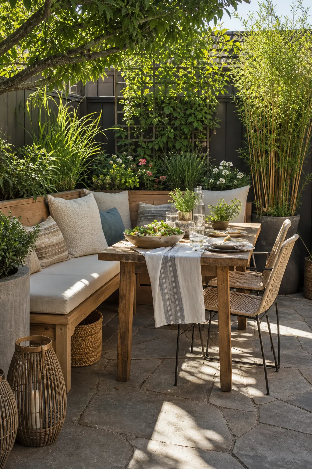 Garden dining nook with an L-shaped bench, rectangular table, and layered outdoor planting
