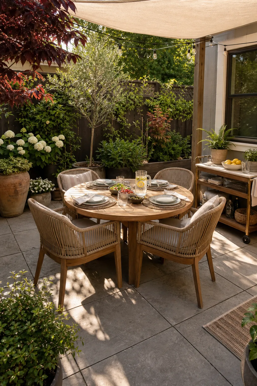 Outdoor dining corner with a warm weekend table setting, garden seating, shade, and natural patio decor