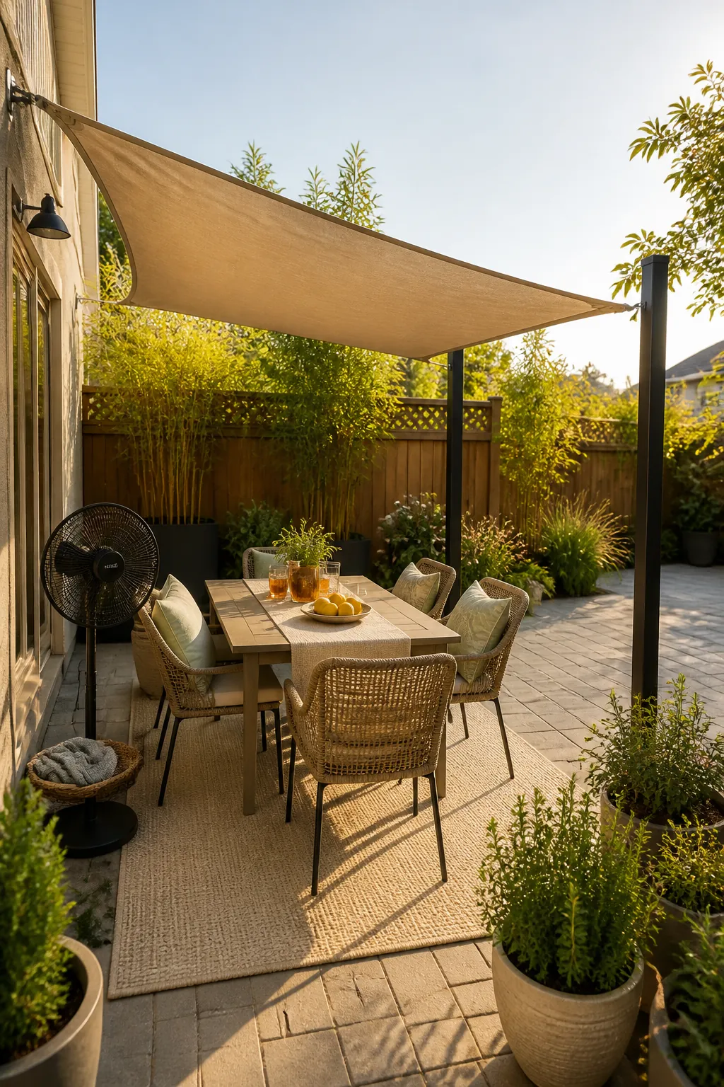 Patio dining corner cooled by a shade sail with comfortable chairs and natural garden design