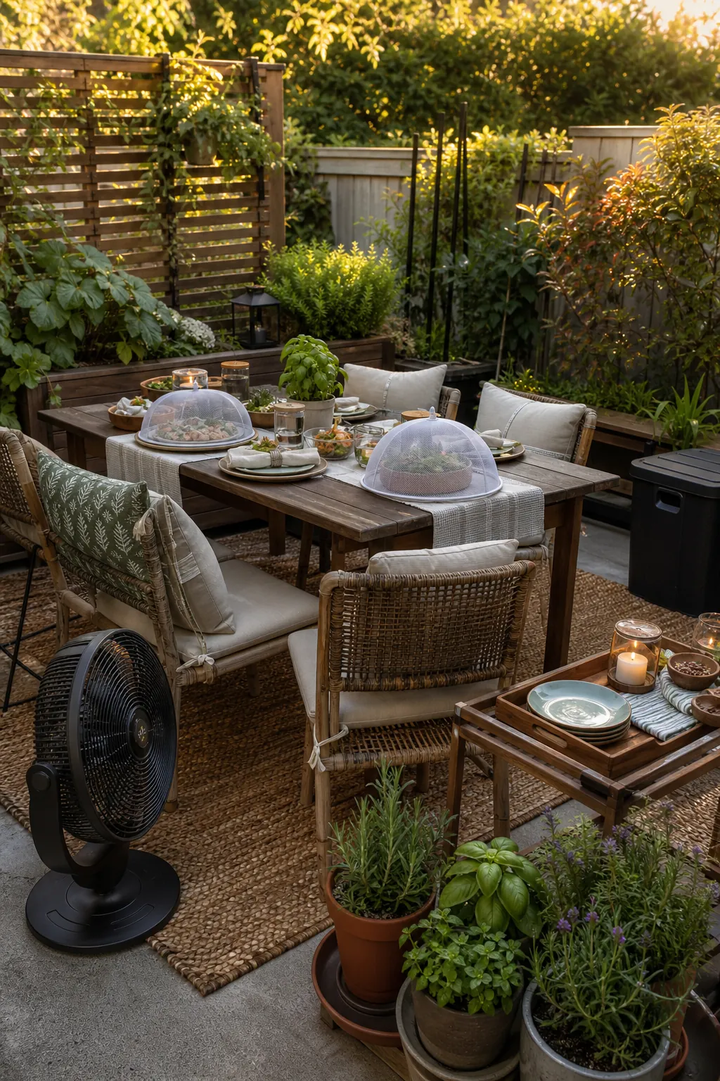 Bug-smart garden seating area for outdoor dining with a fan, covered food, and tidy planters