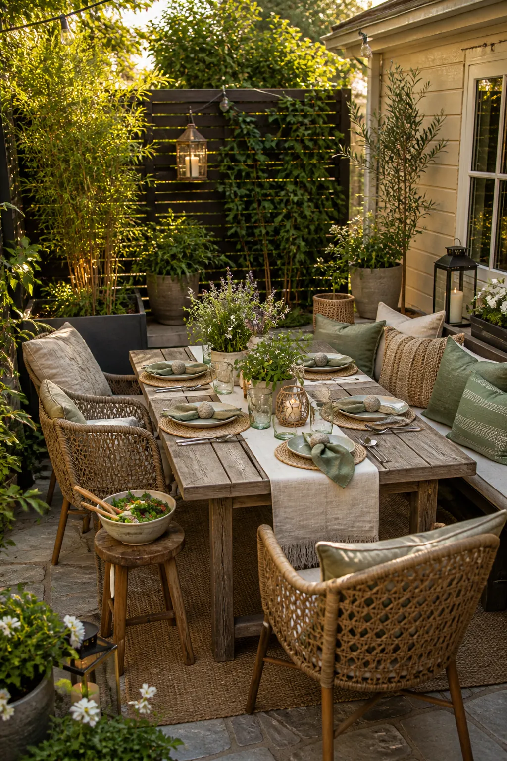 Weekend patio corner table with layered linens, garden planters, and relaxed outdoor dining decor