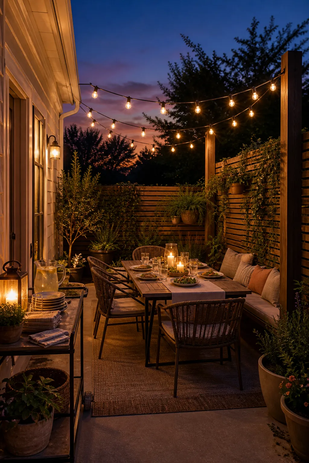 Outdoor living dining corner with cafe string lights, a serving cart, and a cozy weekend table