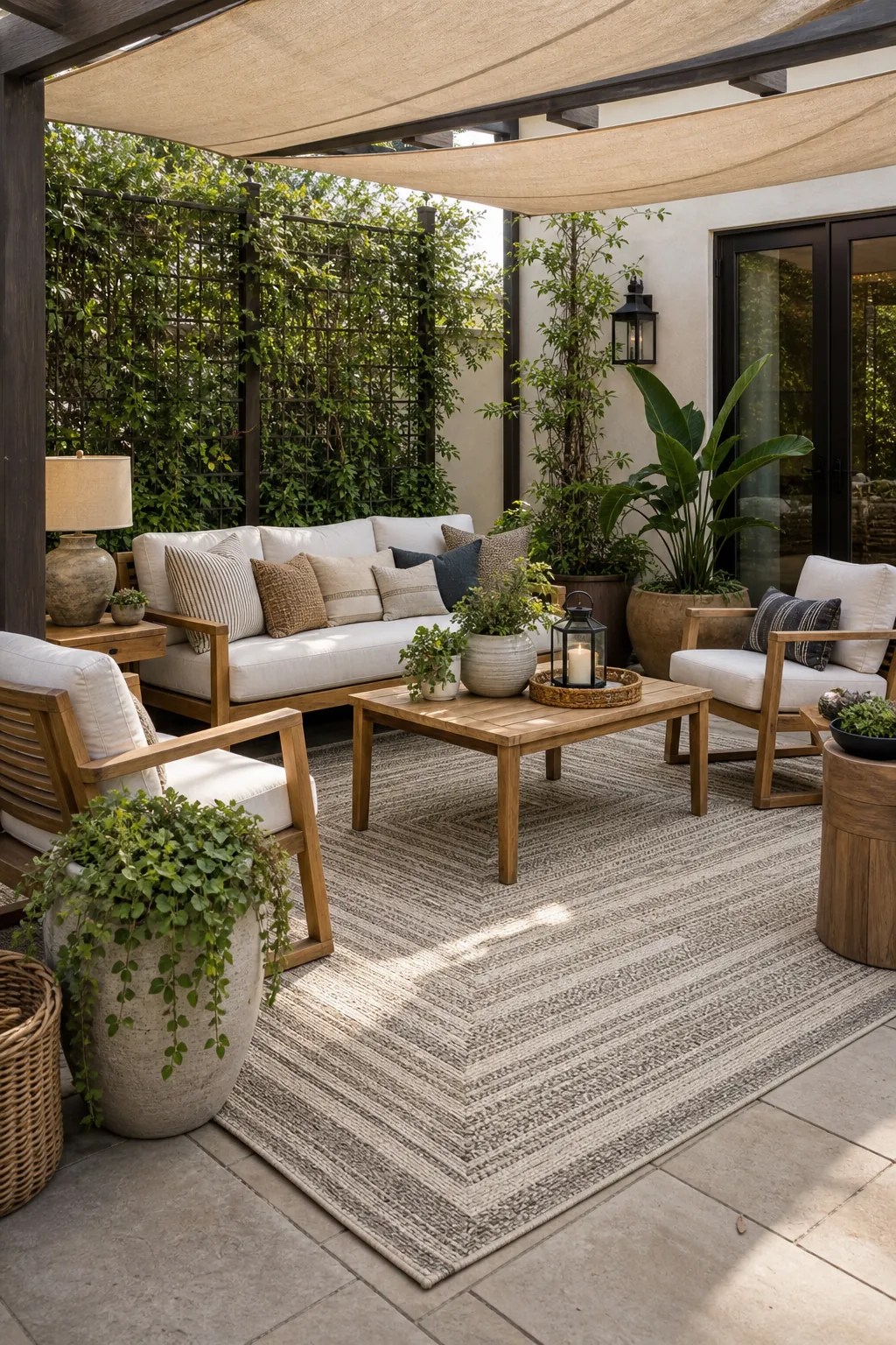 Outdoor room with a large patio rug grounding a sofa, lounge chairs, and natural garden decor