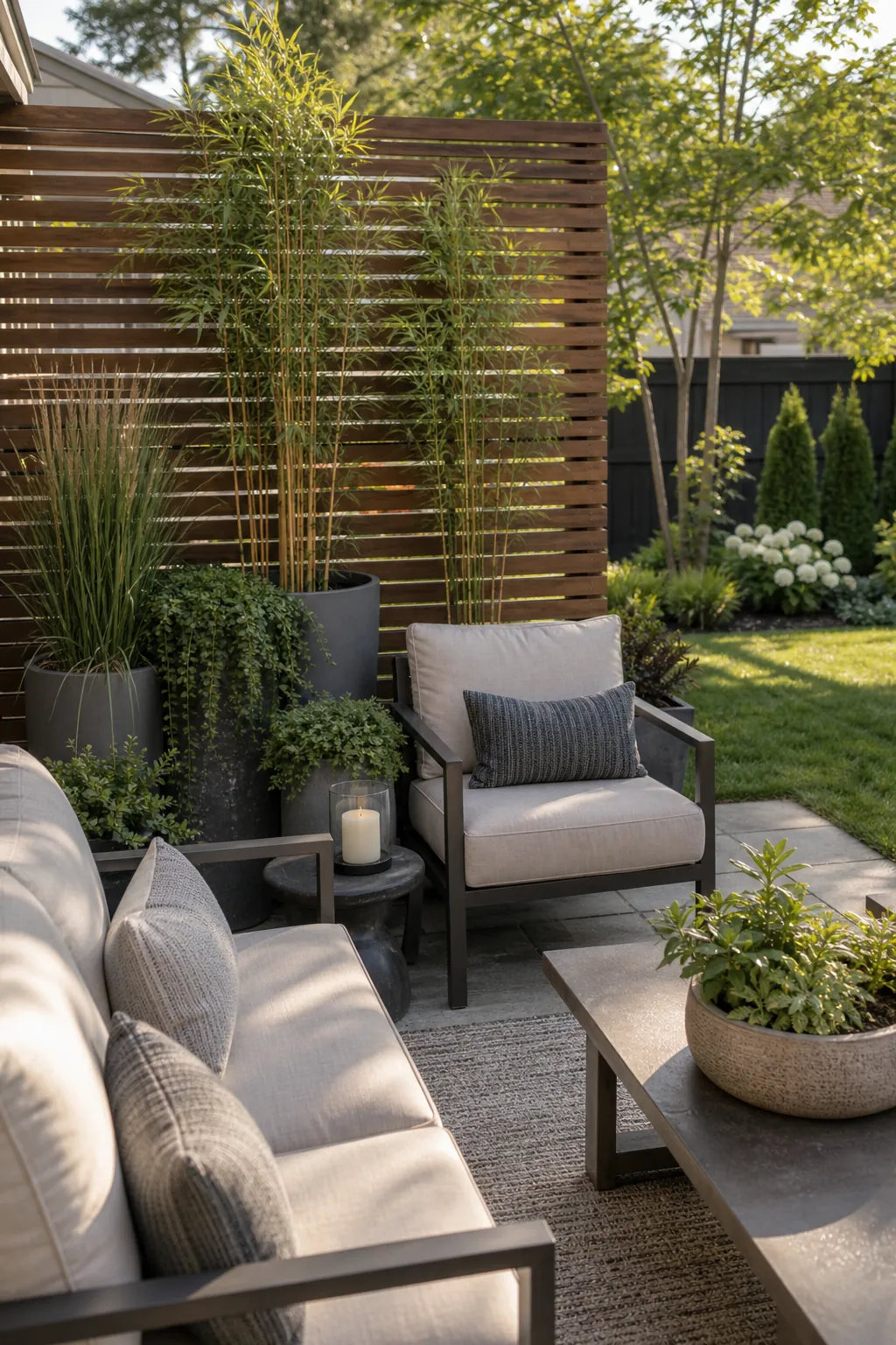 Patio privacy ideas using tall planters, a slatted screen, and layered greenery beside outdoor seating