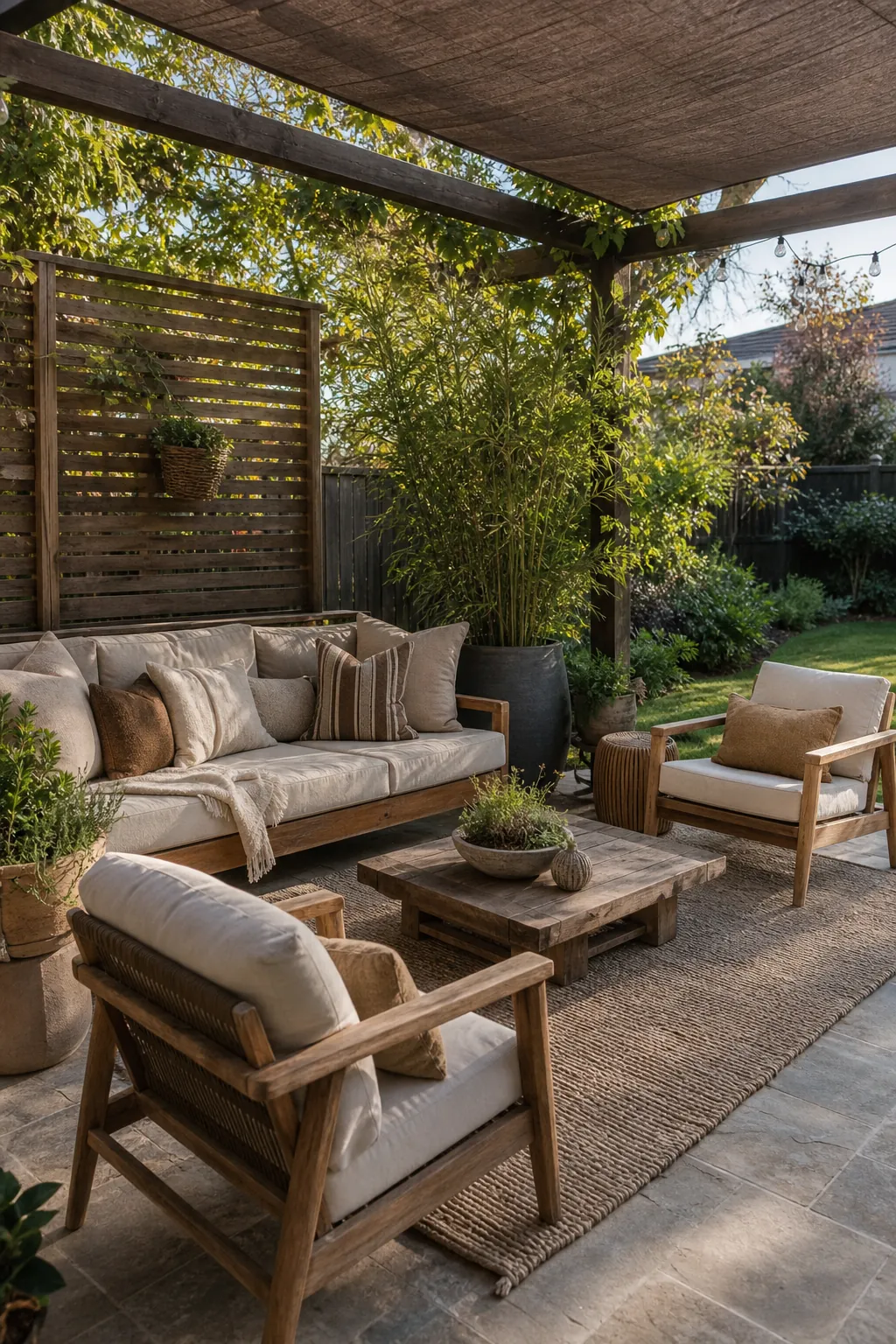 Outdoor living room patio with cozy lounge furniture, garden greenery, rug, shade, and warm decor