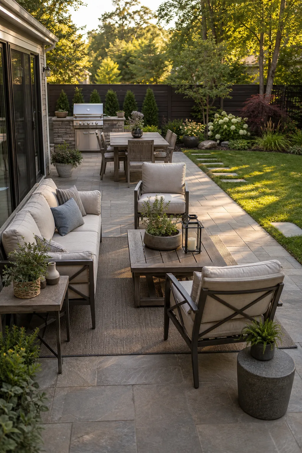 Patio furniture arranged like a cozy outdoor living room with a sofa, chairs, and open backyard flow