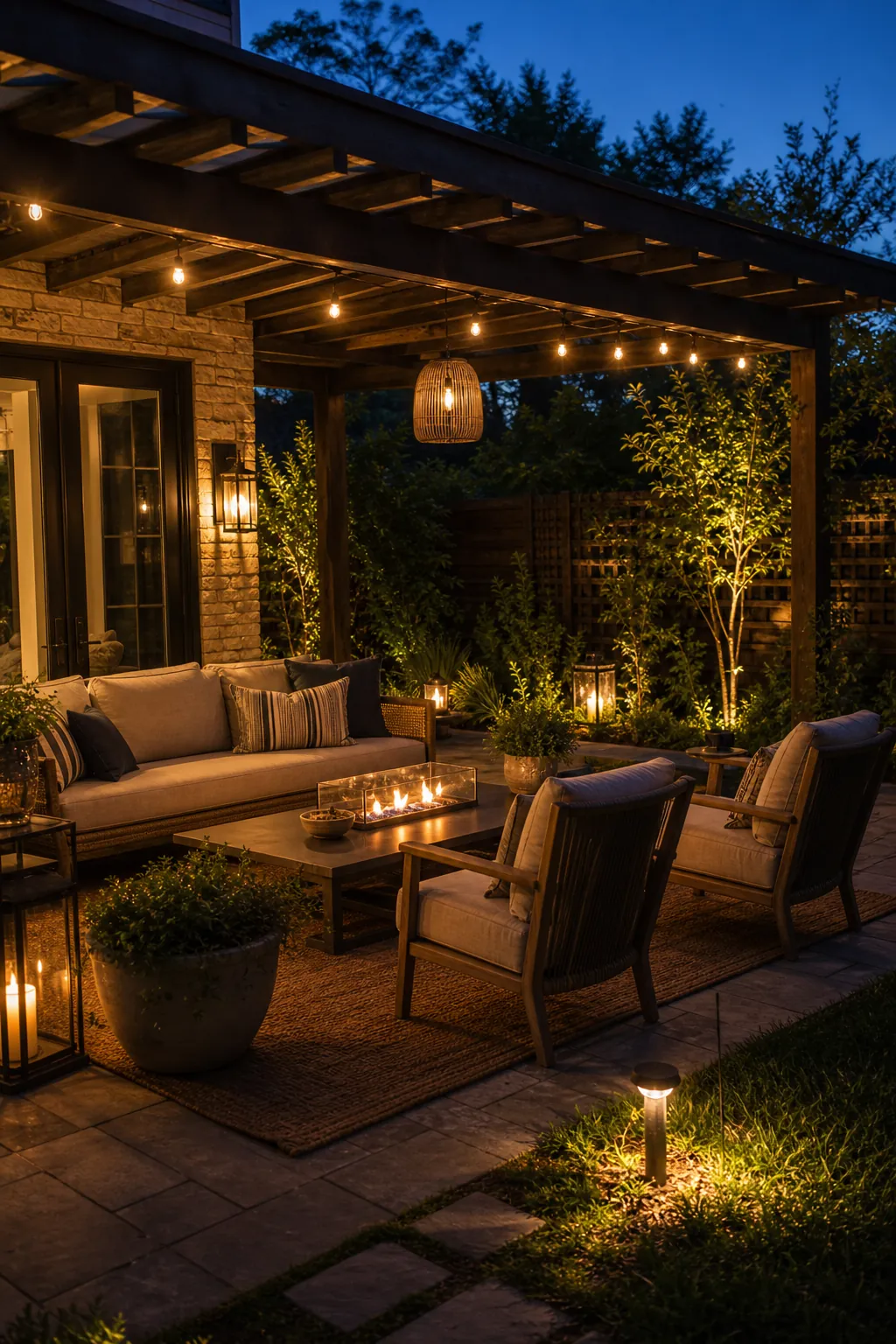 Backyard patio lounge at dusk with warm layered lighting, garden plants, and comfortable outdoor seating