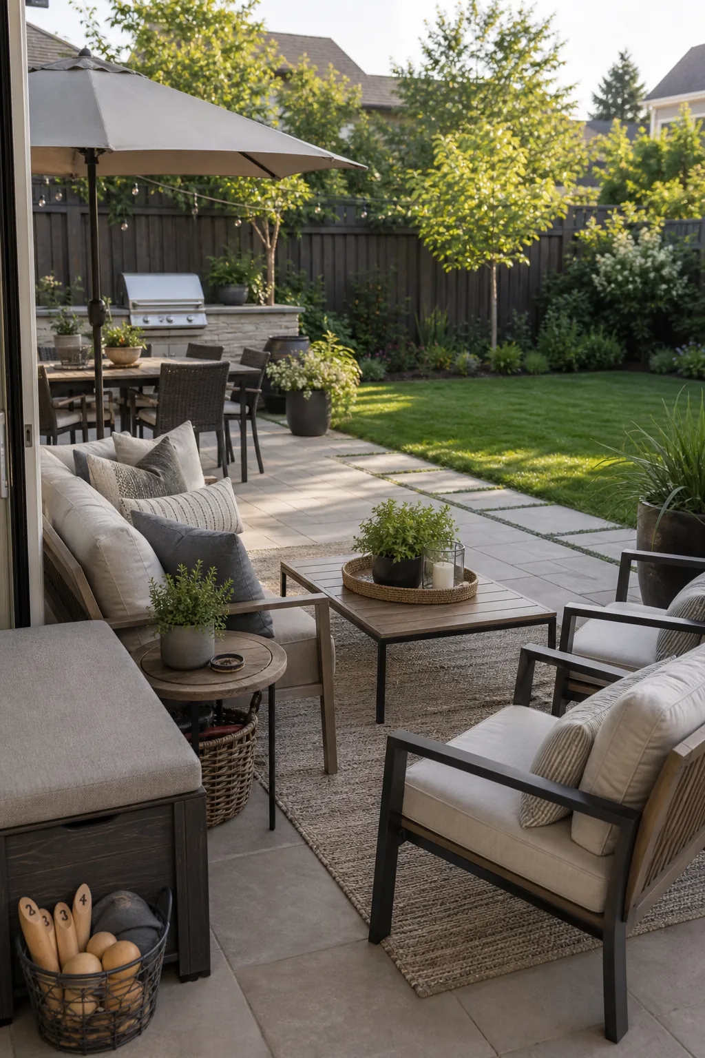 Family backyard patio with flexible outdoor seating, open lawn access, dining space, and garden planting