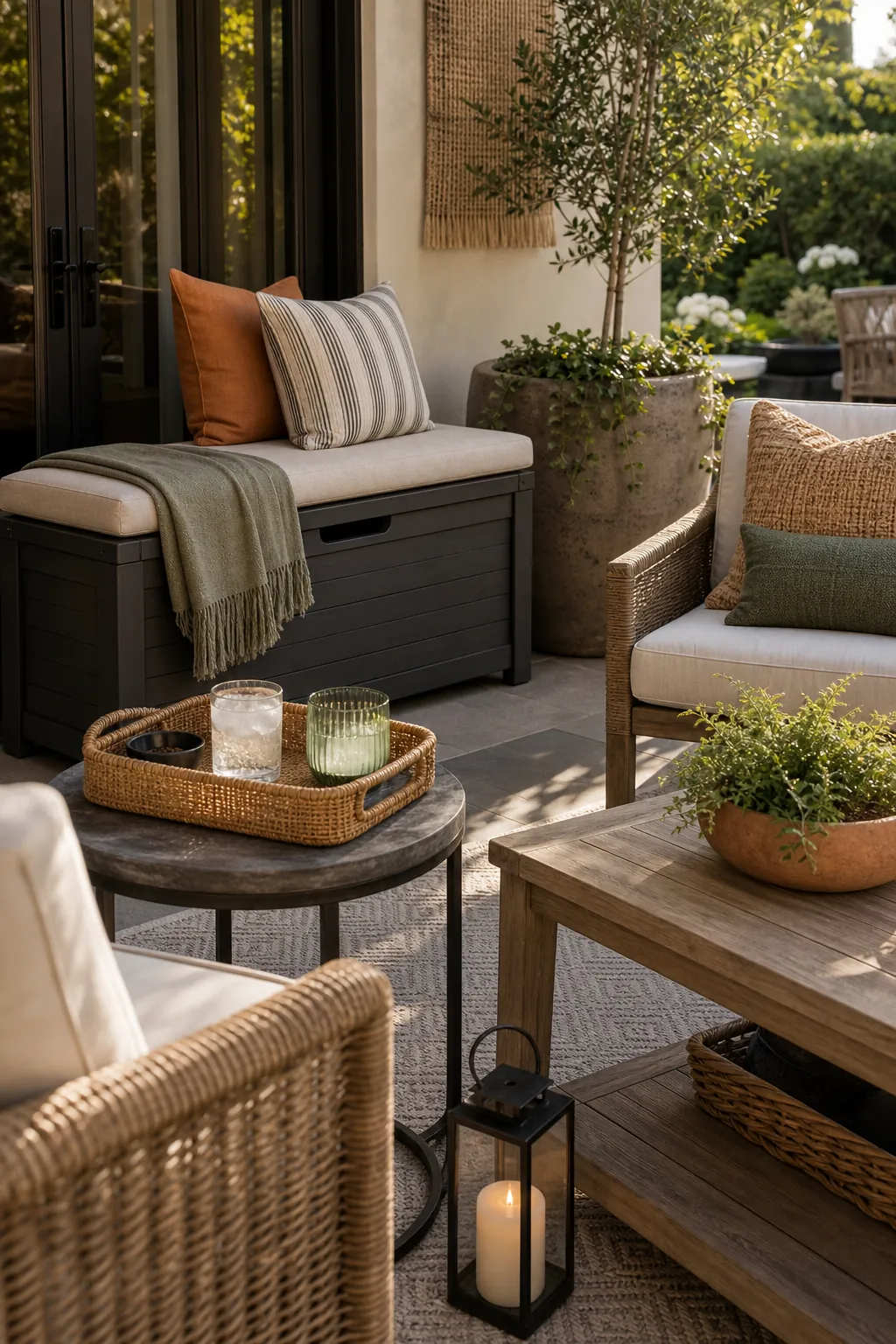 Patio decor details with weatherproof pillows, side tables, storage bench, planters, and outdoor room styling