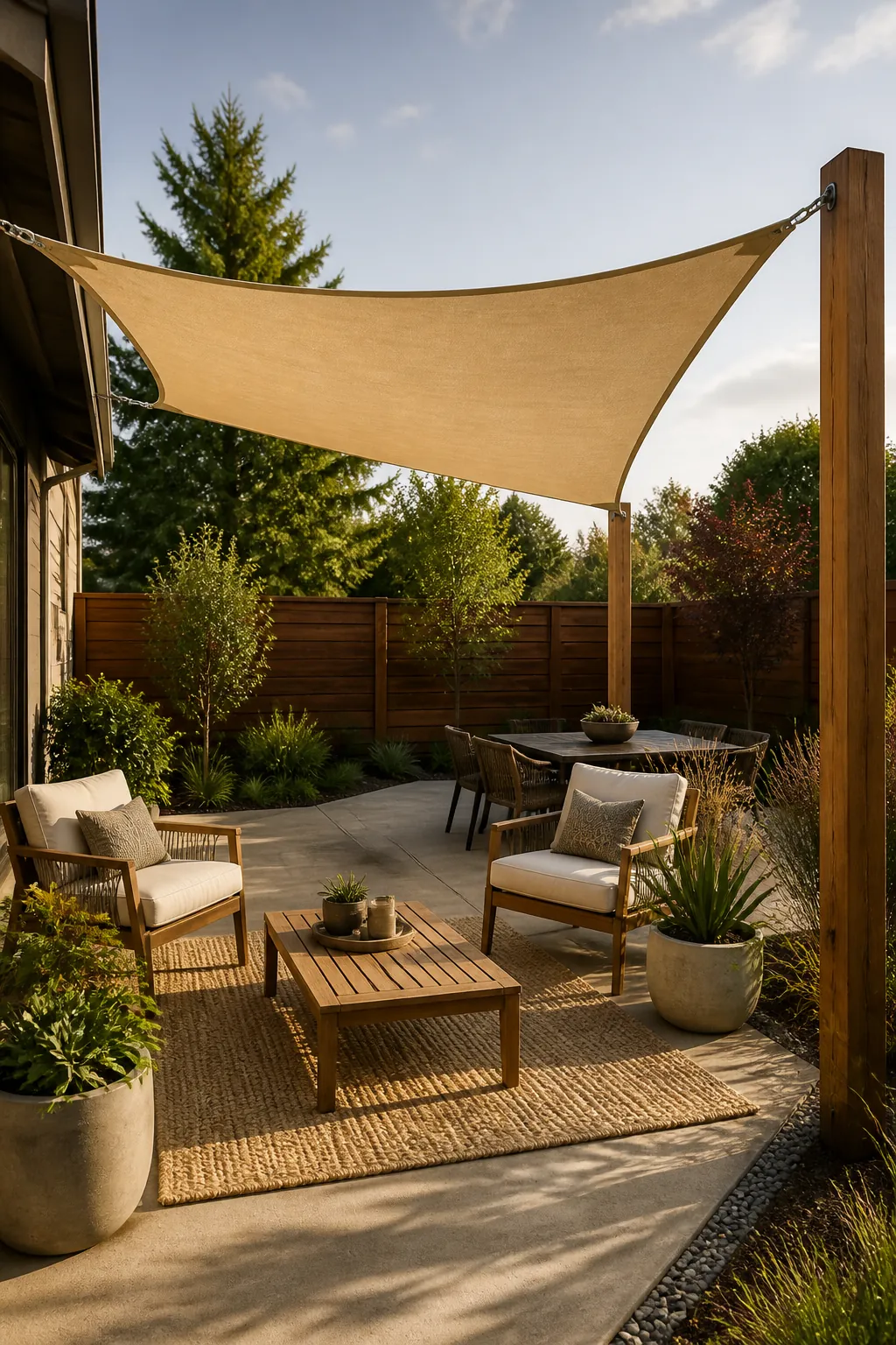 Neutral shade sail over a stylish backyard patio with outdoor seating