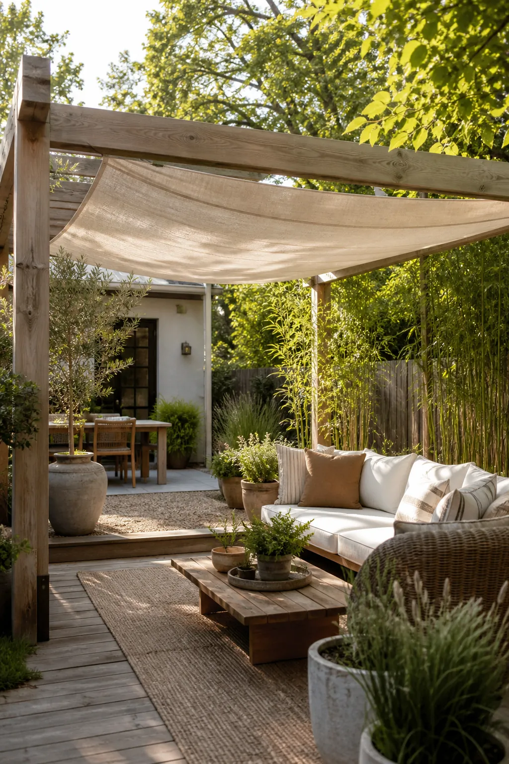 Stylish backyard shade ideas with pergola, seating, and natural patio decor