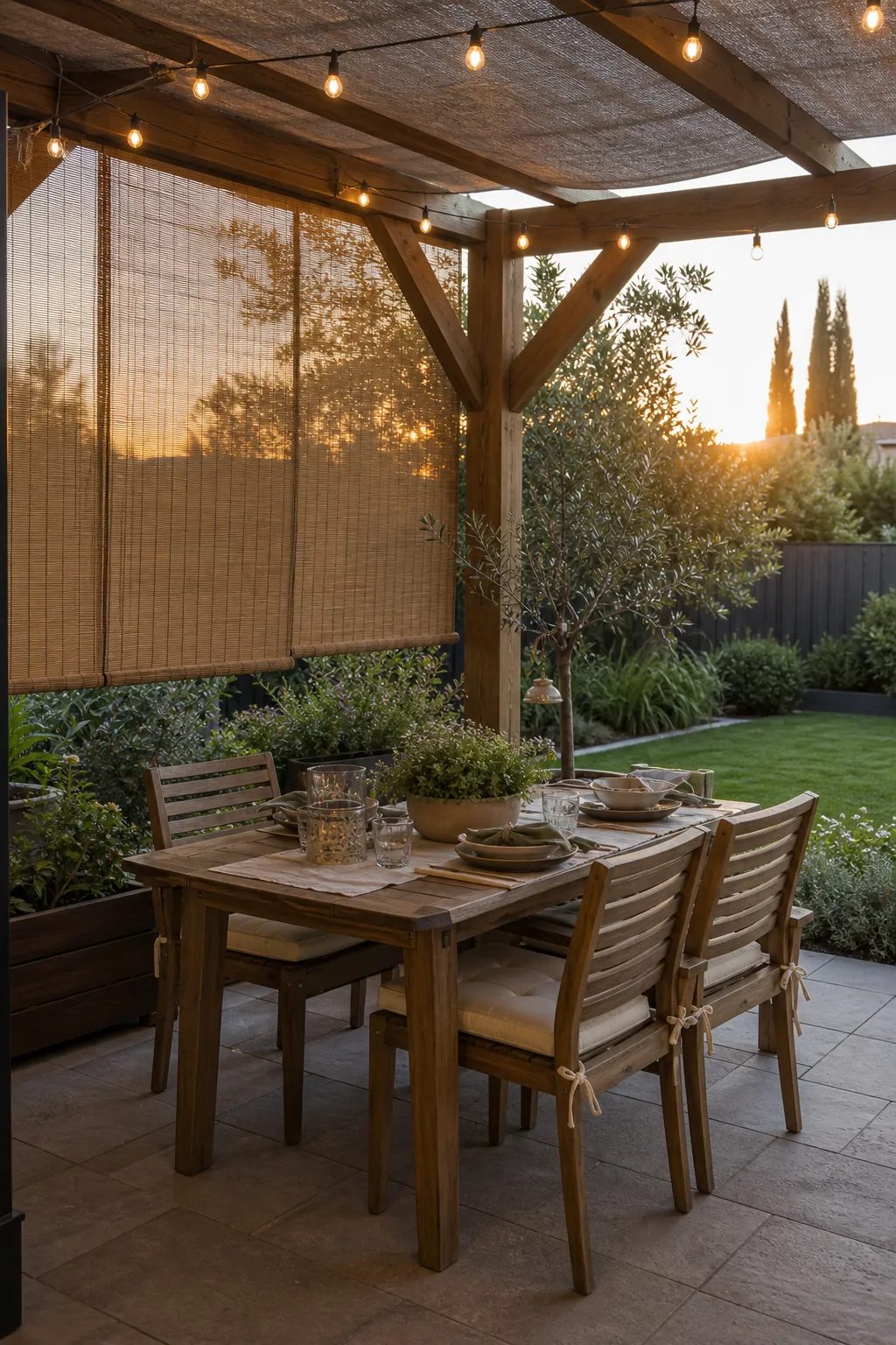 Wood pergola with side shade panels over an outdoor dining patio