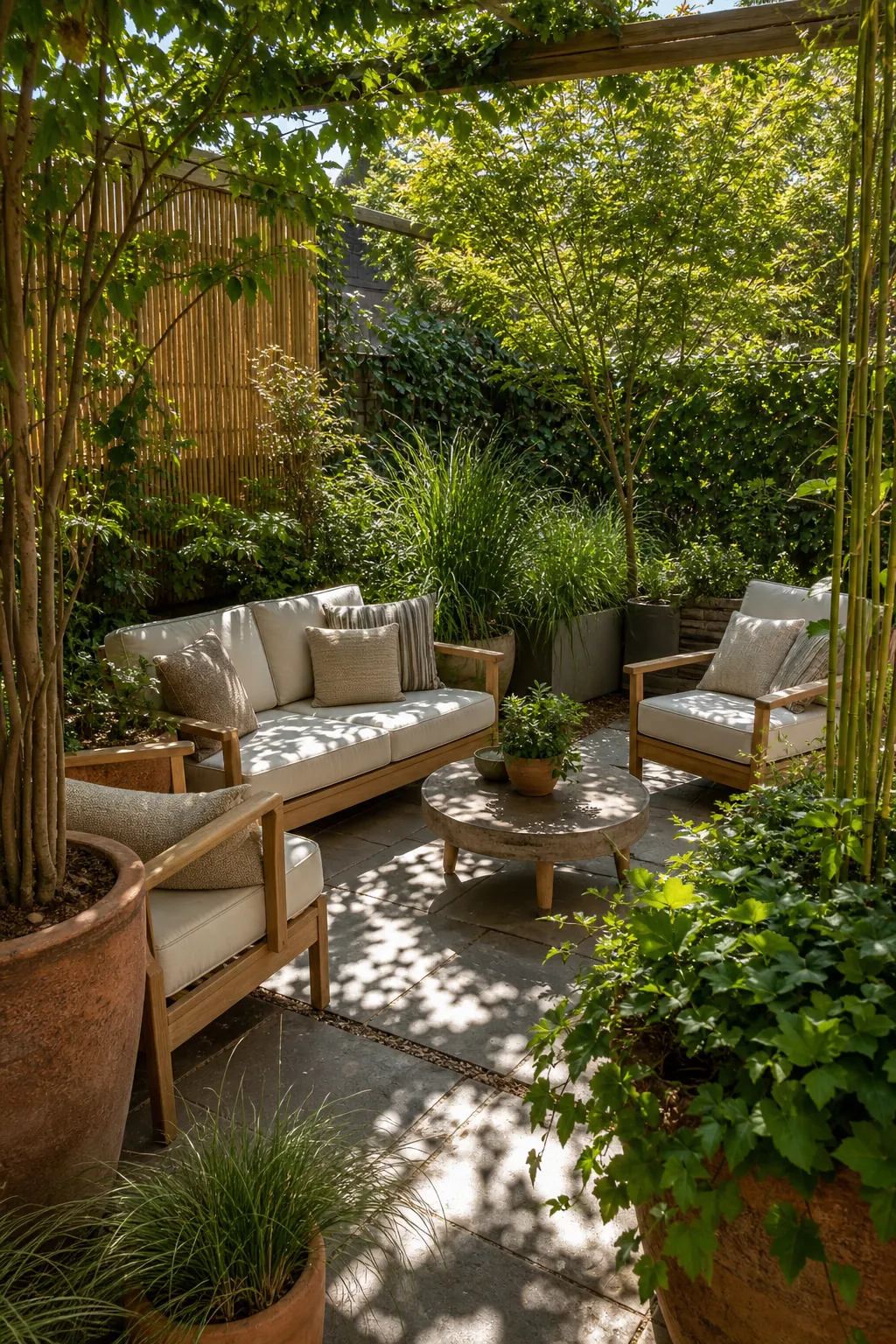 Potted trees and layered planters creating backyard shade and privacy around seating