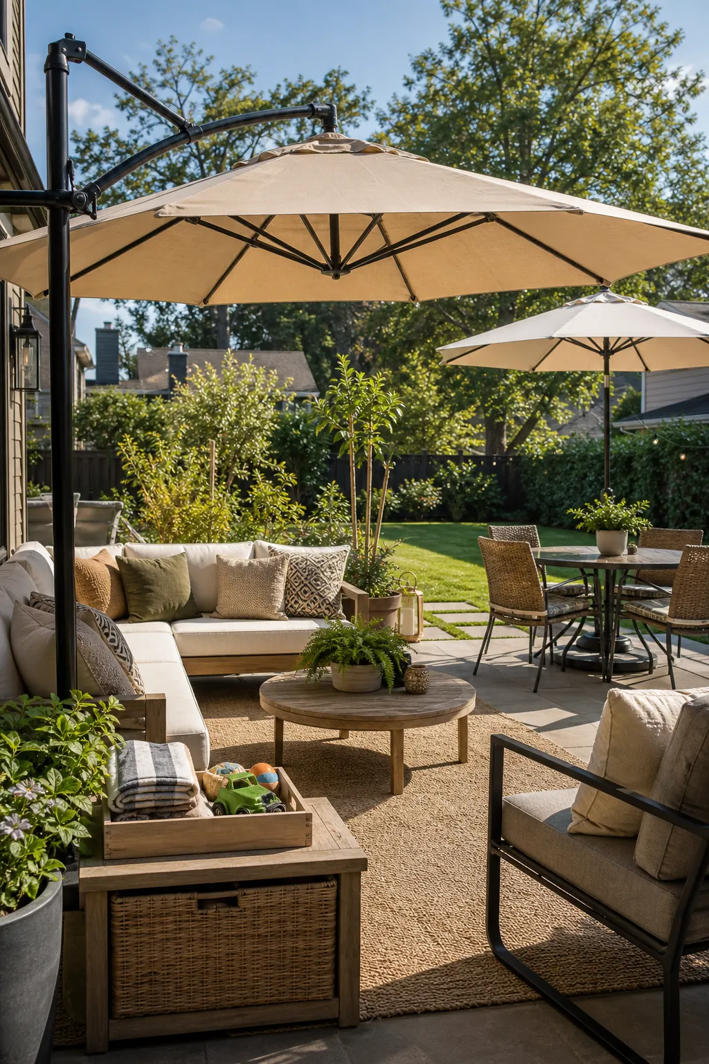 Layered umbrellas shading a family backyard seating area with warm patio decor