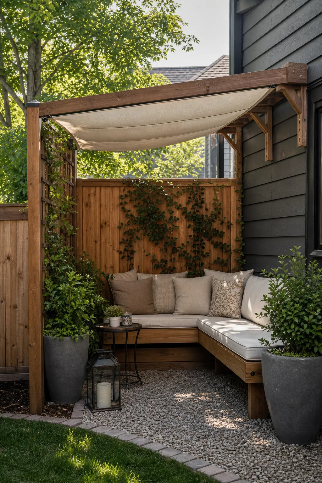 Small backyard shade corner with a compact pergola bench and privacy planting