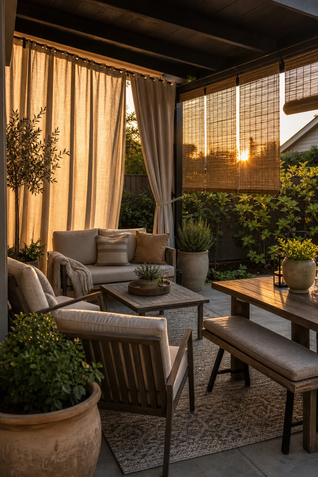 Outdoor curtains and roll up shades blocking evening sun on a backyard patio