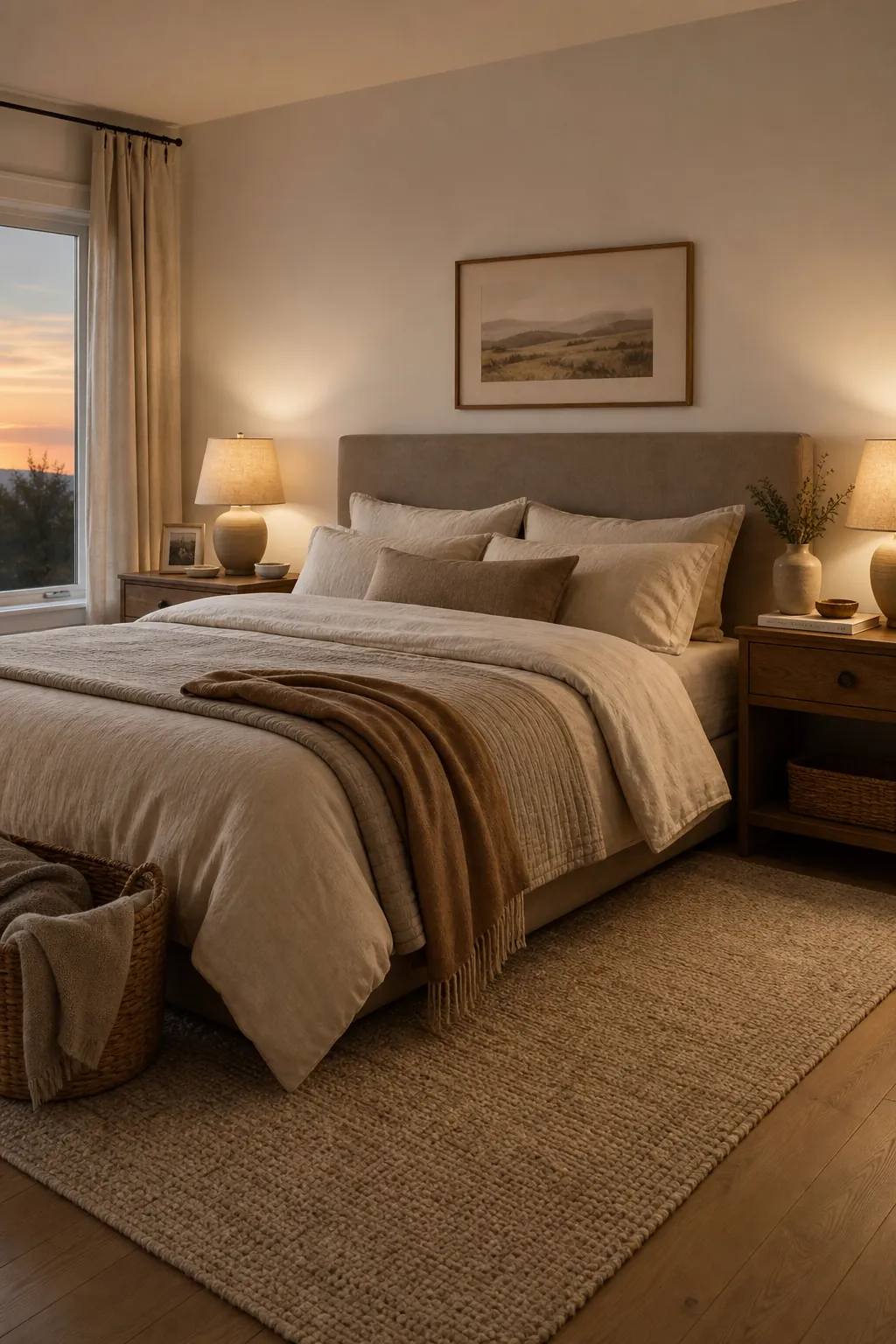 Cozy warm neutral couple bedroom with layered bedding, soft lamps, wood accents, and textured decor
