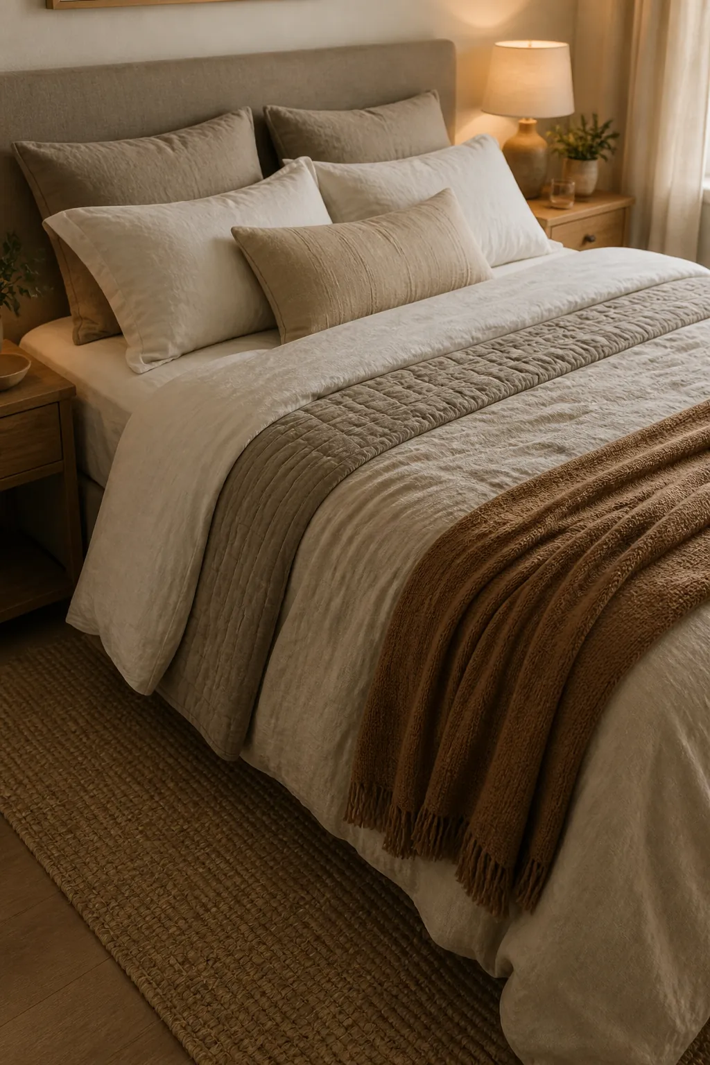 Layered warm neutral bedding with linen sheets, taupe quilt, pillows, and a folded throw