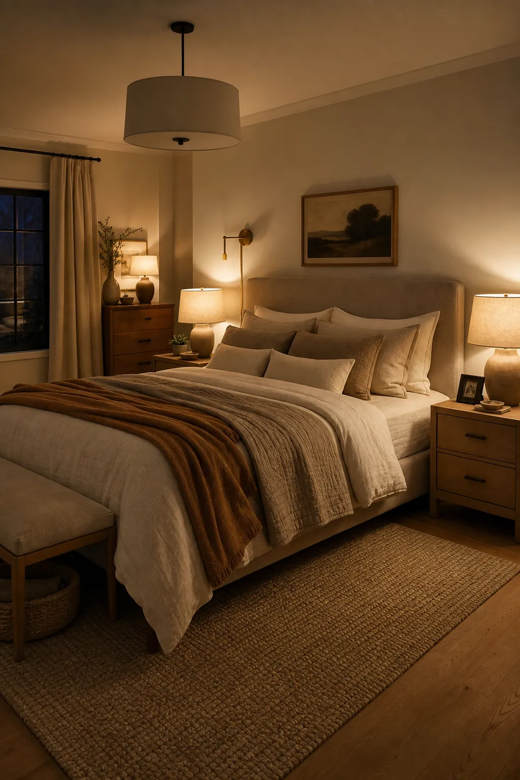 Cozy couple bedroom with warm bedside lamps, soft sconces, and neutral bedding