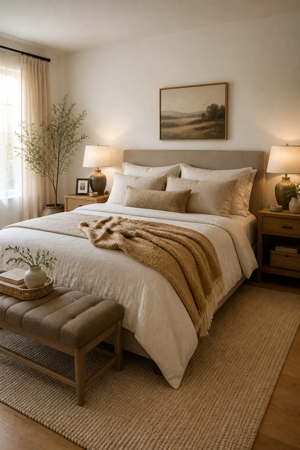 Warm neutral couple bedroom with layered beige, oatmeal, taupe, and wood tones