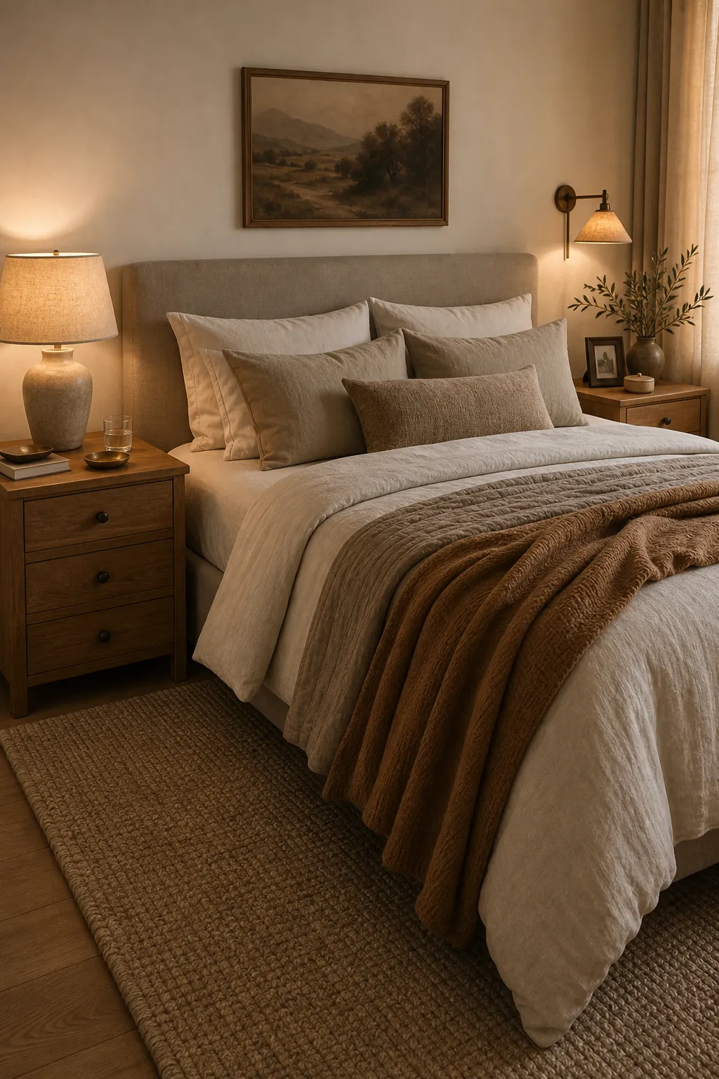 Coordinated warm neutral nightstands with soft lamps, books, ceramic decor, and personal details