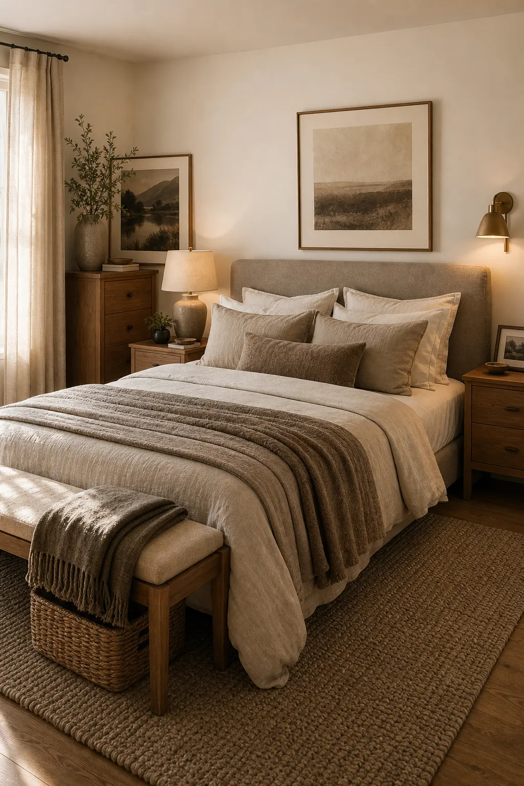 Warm neutral shared bedroom with personal framed art, a bench, books, and soft textured decor