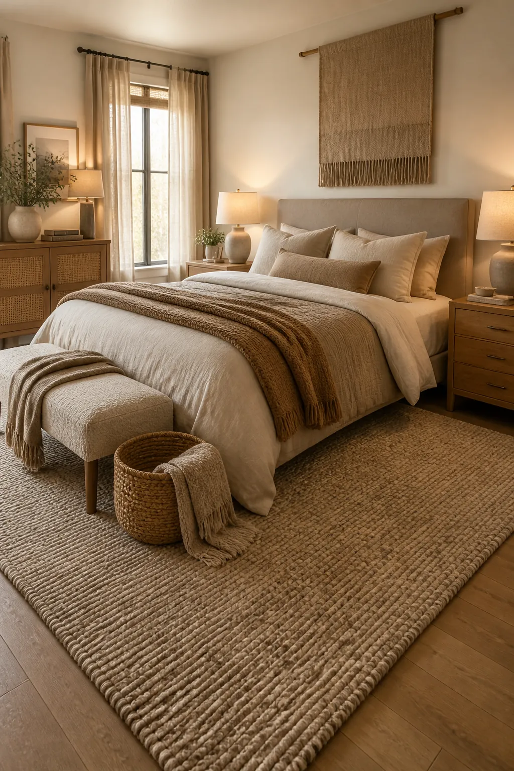 Neutral couple bedroom with a large textured rug, linen curtains, woven basket, and warm wood accents