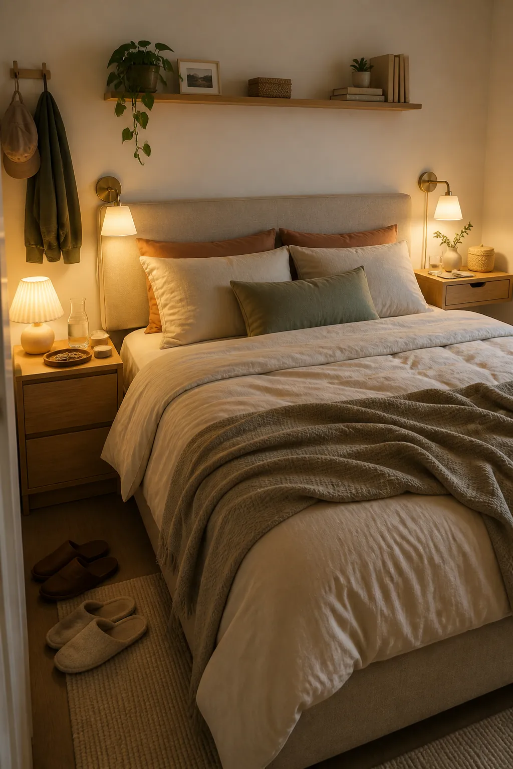 Two compact bedside zones in a small couple bedroom with shelves lamps and personal storage trays