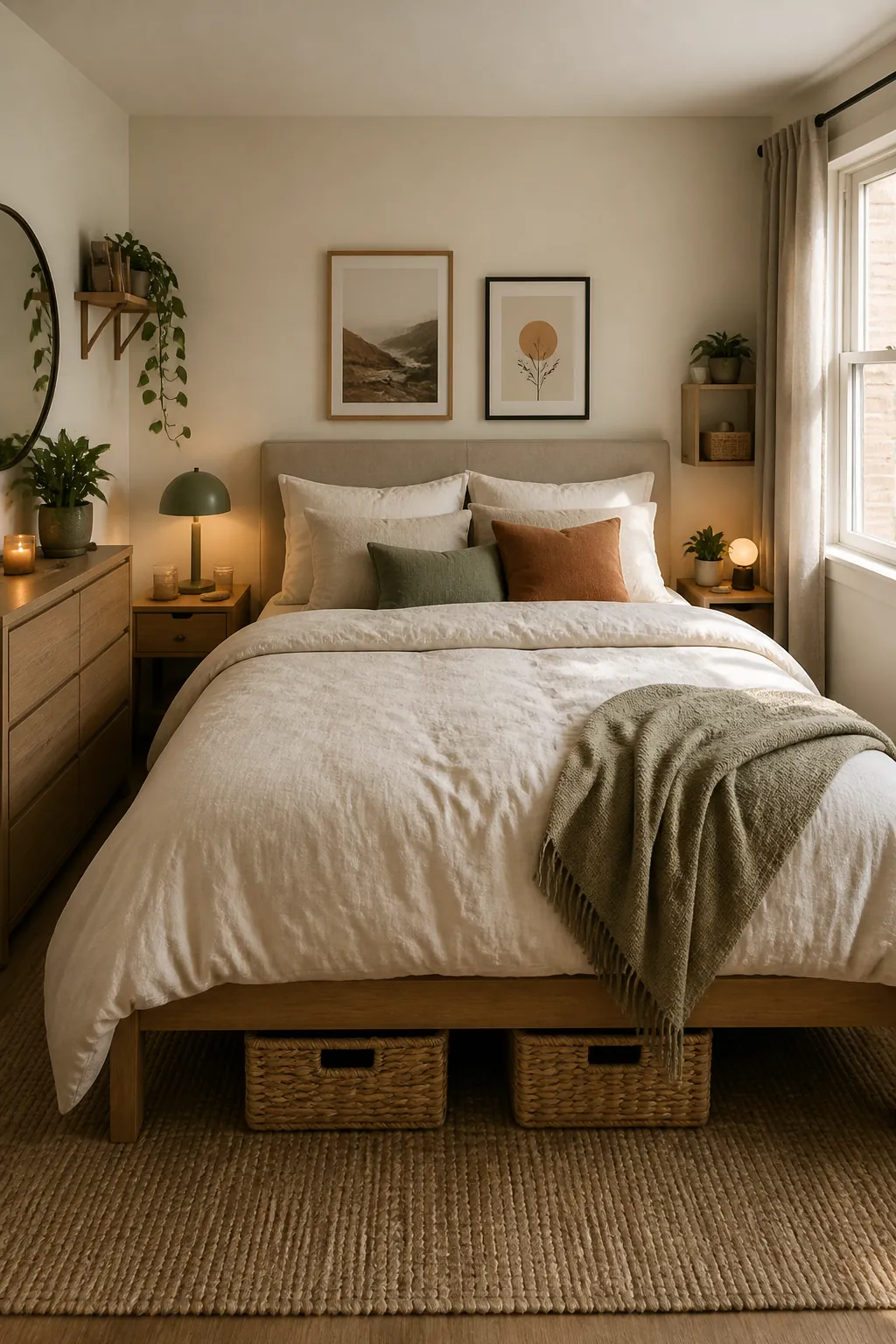 Neutral couple bedroom styling with warm bedding personal accents and soft apartment decor