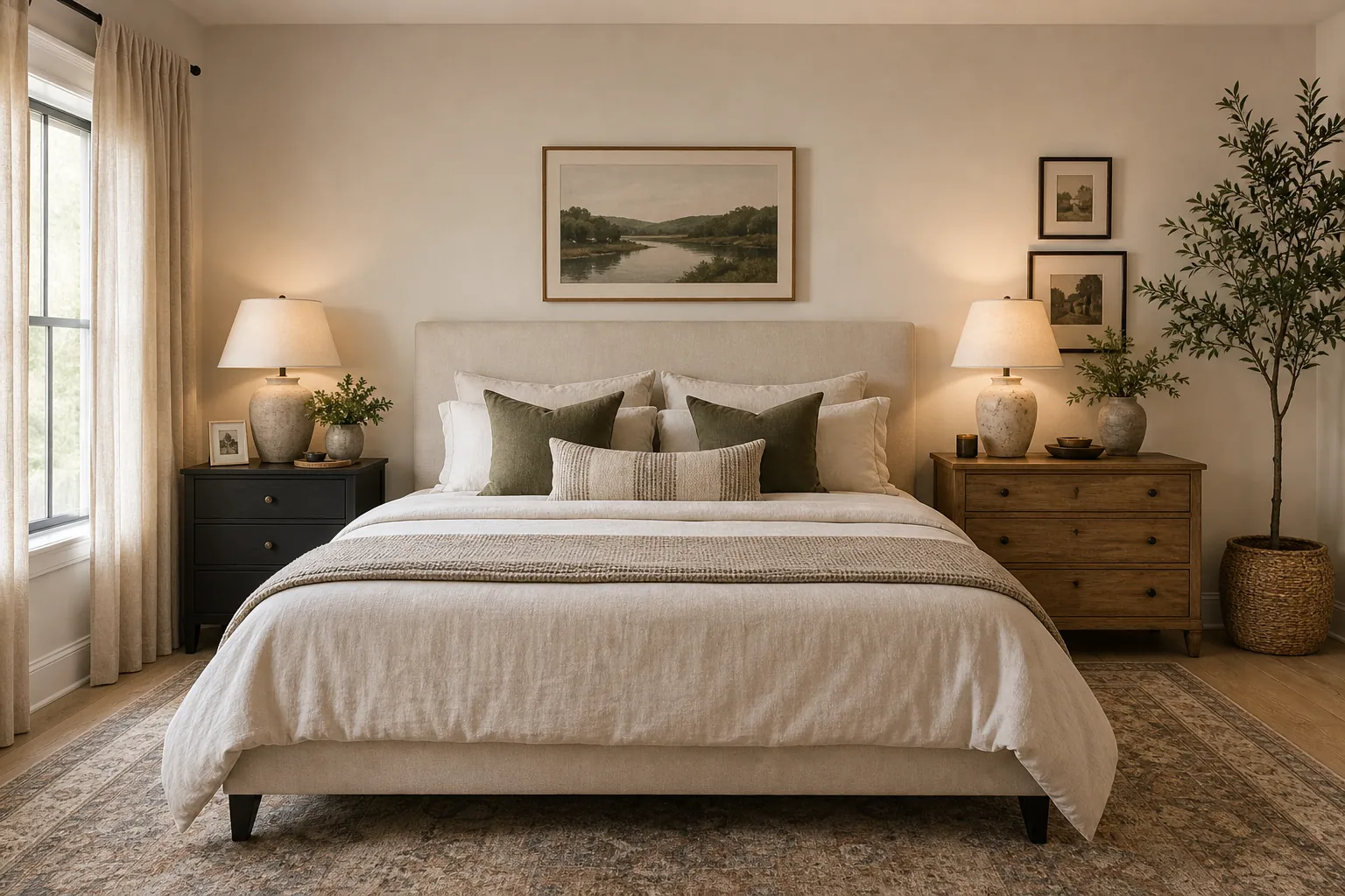 Balanced couple bedroom foundation with centered bed, layered rug, soft lighting, and coordinated decor