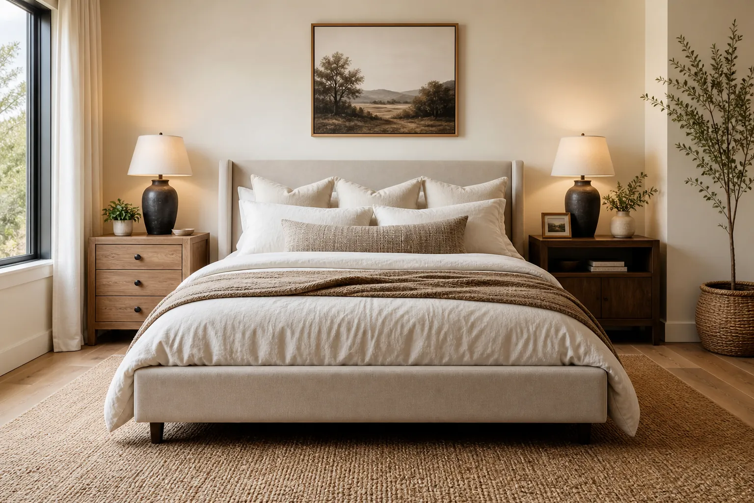 Couple bedroom with matching but not identical decor, balanced nightstands, neutral bedding, and cozy layered styling