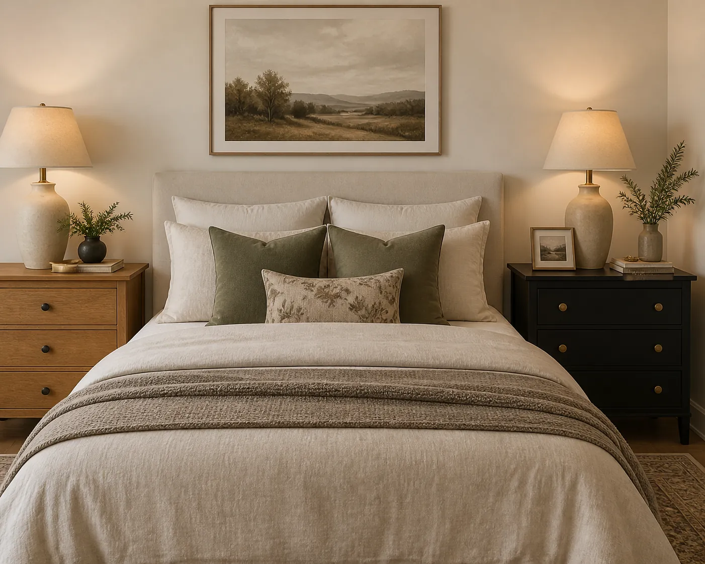 Mismatched nightstands in a shared bedroom with similar height, matching lamp scale, and cohesive styling