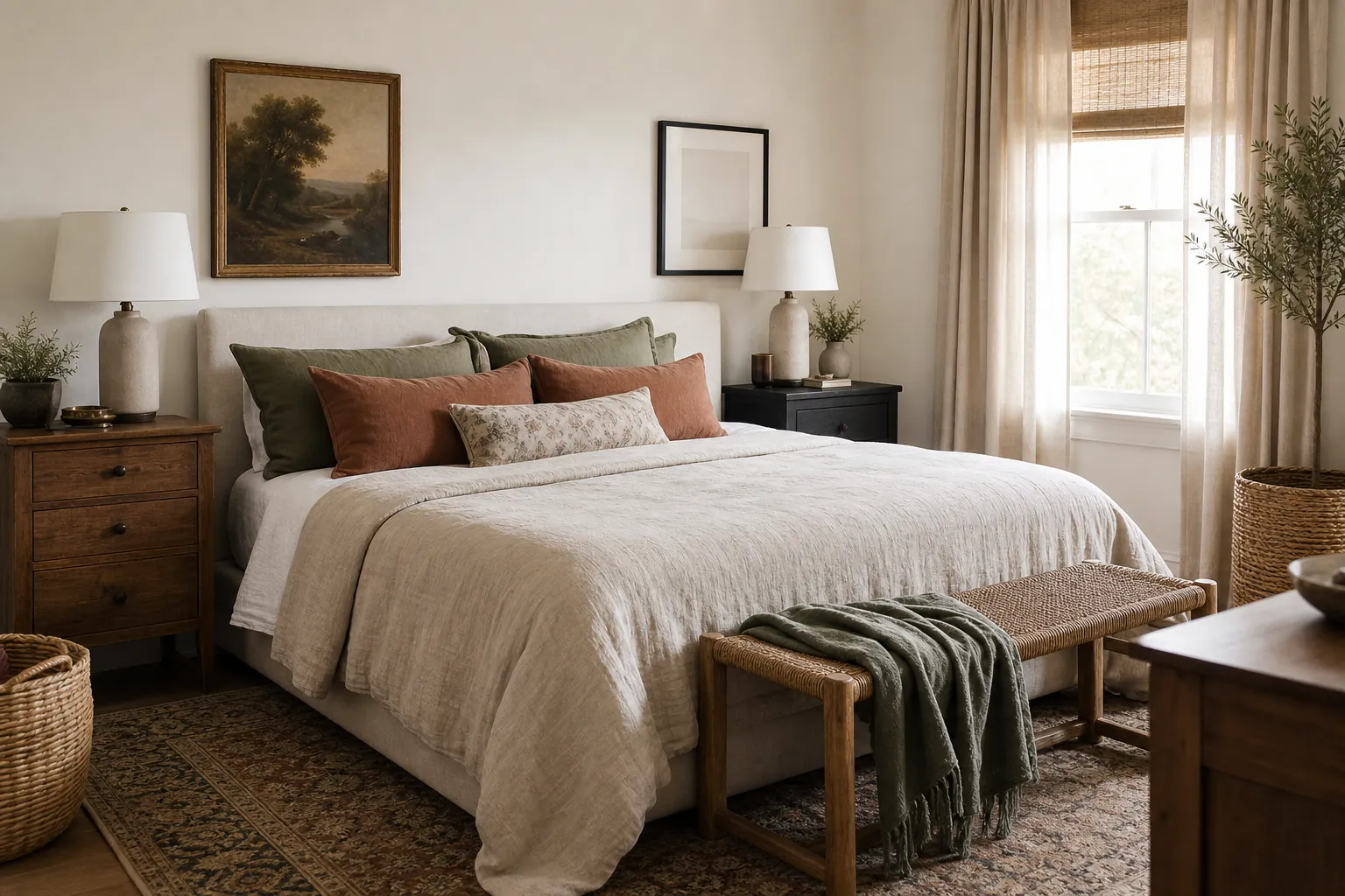 Neutral couple bedroom with two personality layers through art, textiles, wood, and subtle color accents