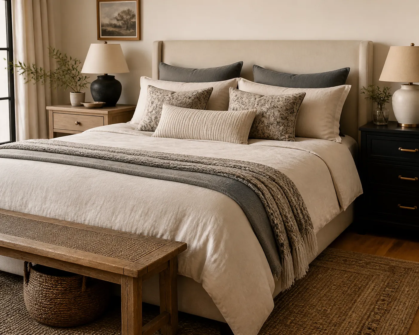 Couple bedroom bedding balance with shared neutral duvet, varied pillows, and a cozy folded throw