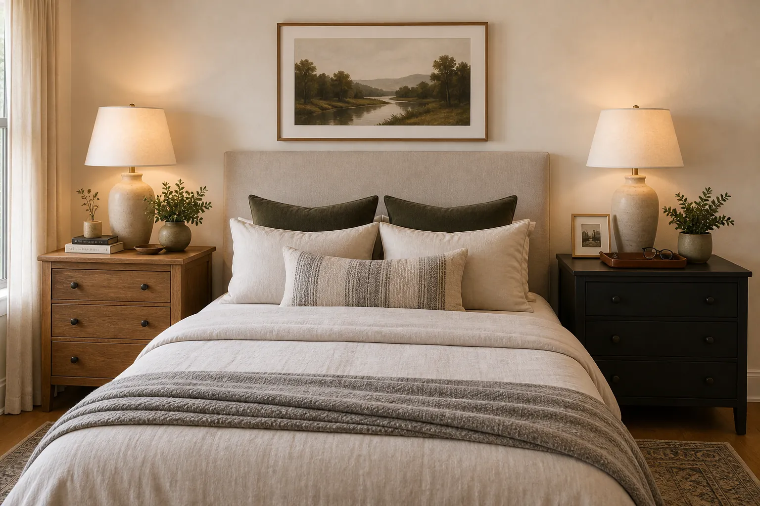 Coordinated nightstand decor for a couple bedroom with personal objects, trays, lamps, and tidy storage
