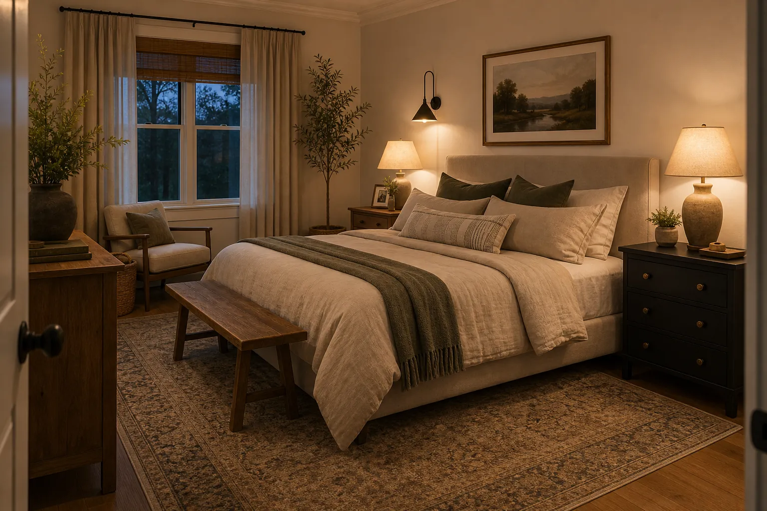 Cozy shared bedroom with large rug, layered lighting, natural textures, and matching but not identical decor