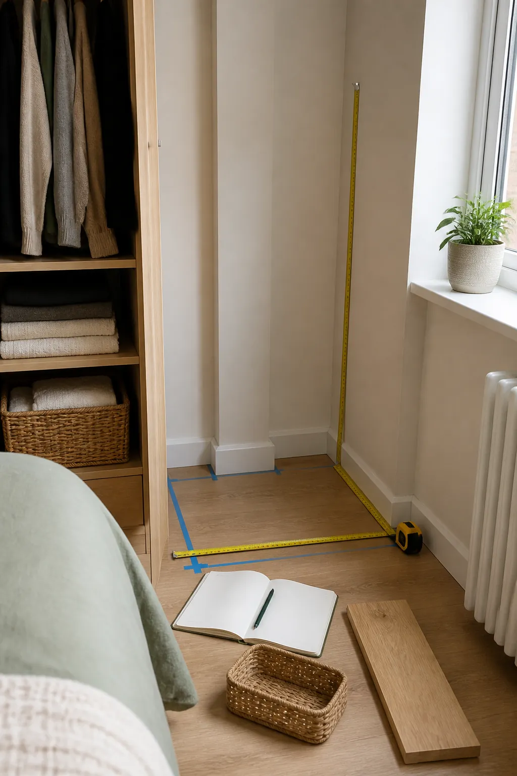 Measuring an awkward corner before choosing small space storage