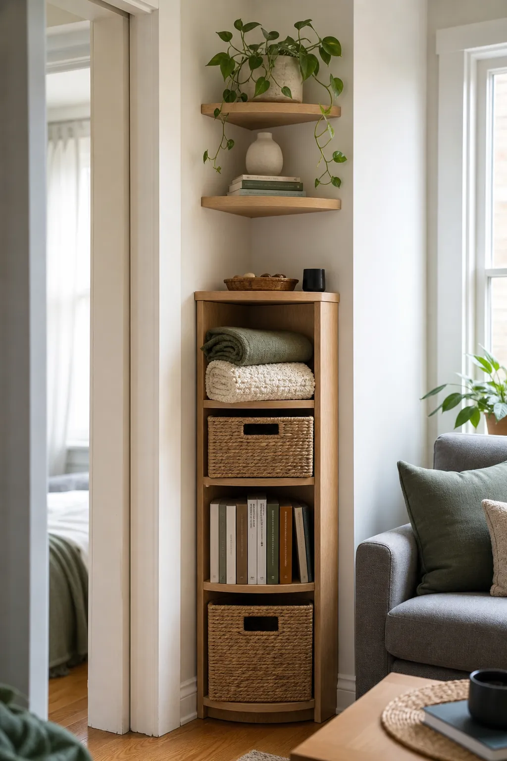 Small space awkward corner storage with slim shelves and natural baskets