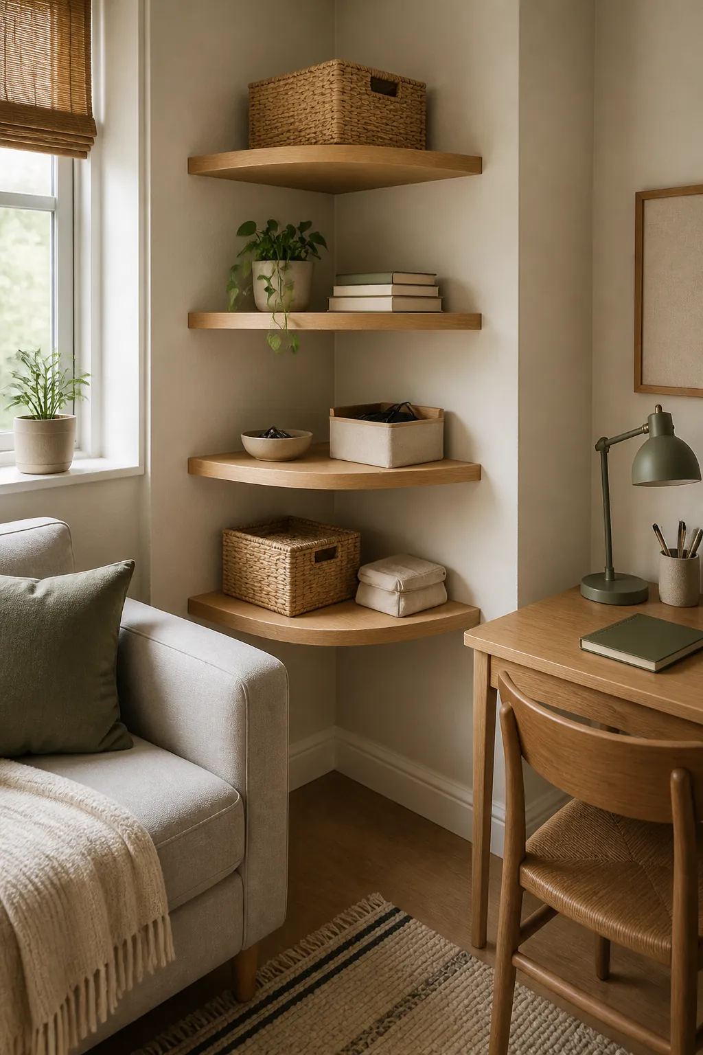 Vertical corner shelves in a small room with baskets and decor